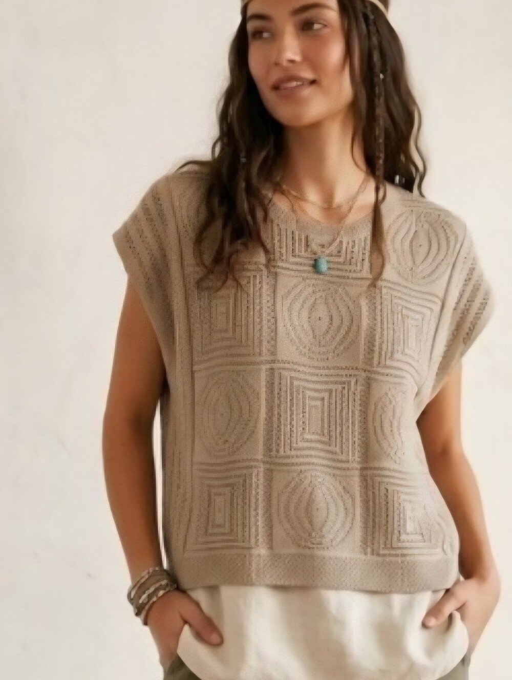 Splendid  NWT Fawn Geometric Open-Knit Sleeveless Sweater Tank, Size M